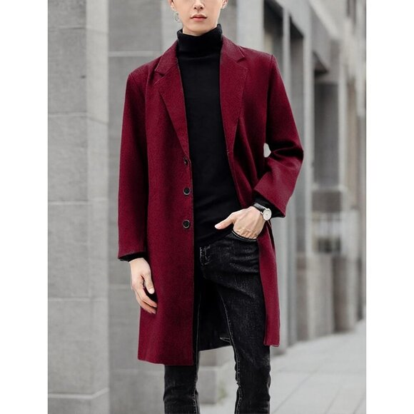 Mens Wine red Wool Blend Trench Coat Notch Lapel Camel Peacoats Winter Overcoat - Picture 8 of 8
